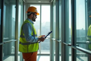 engineer inspecting glass lift system to ensure safety and visual appeal