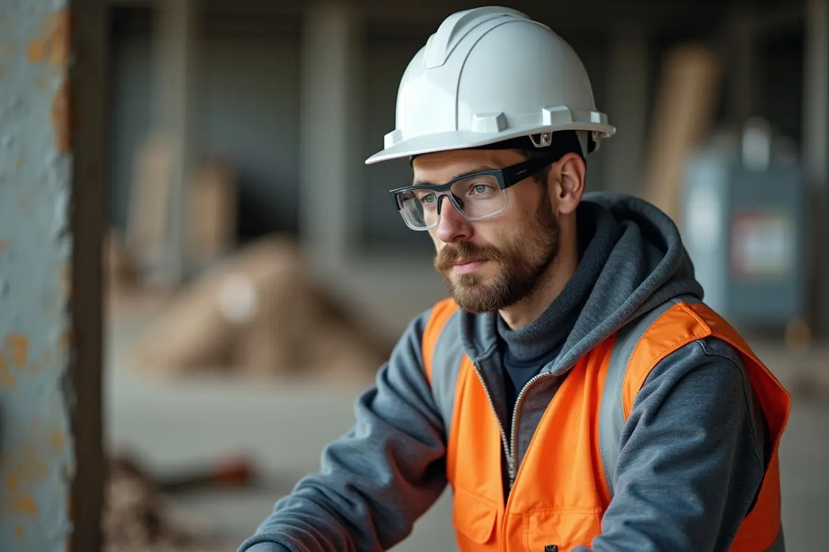 construction worker wearing helmet and safety glasses indoors